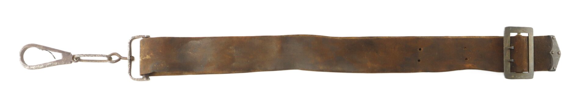 A worn, wide leather strap with a metal buckle on one end and a metal clasp on the other.