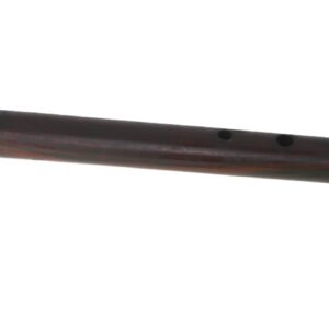 A wooden flute with metal ends, featuring six finger holes and a string-attached label tag.
