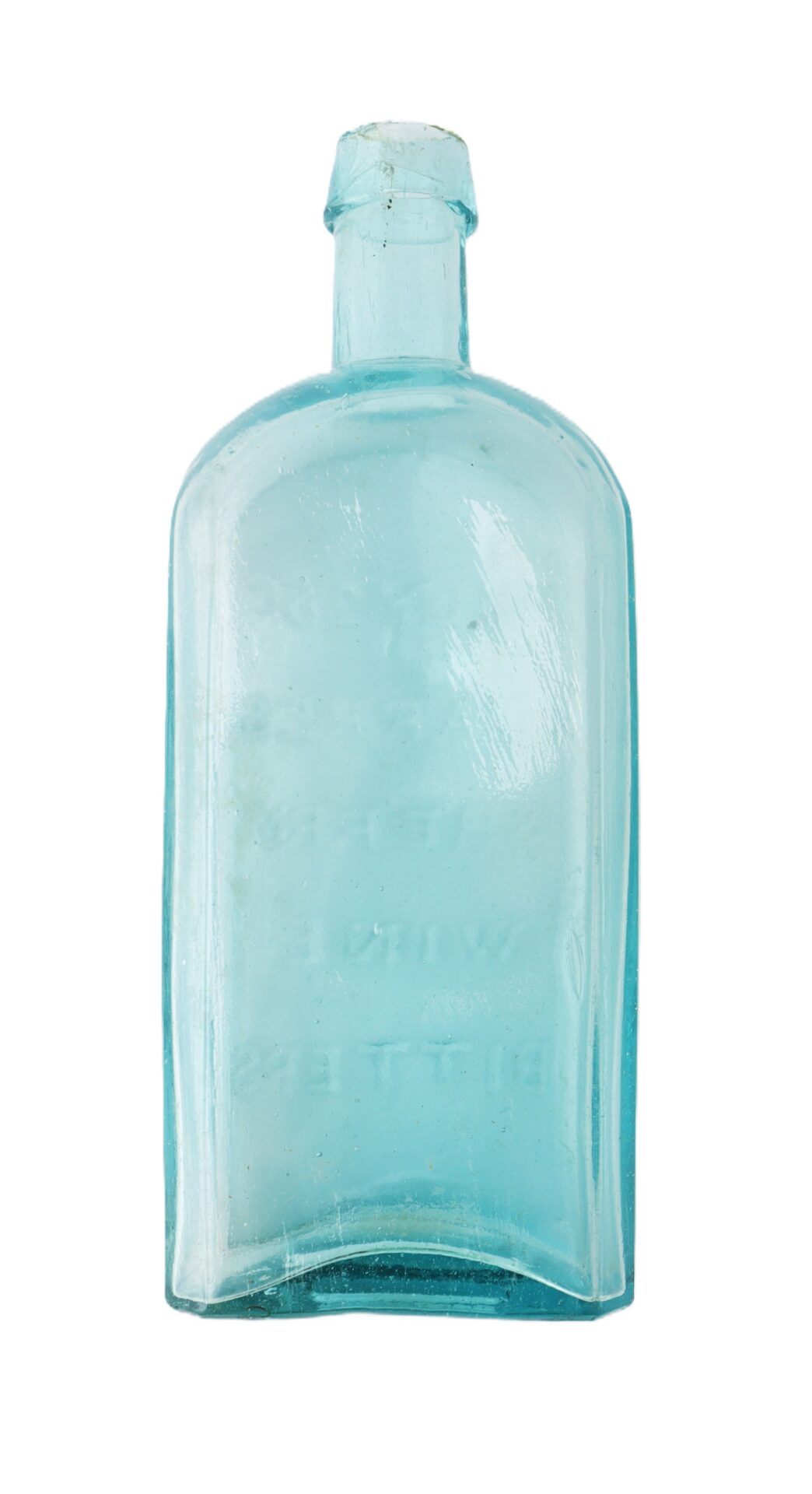 A vintage rectangular blue glass bottle with a short neck and embossed text, photographed on a white background.