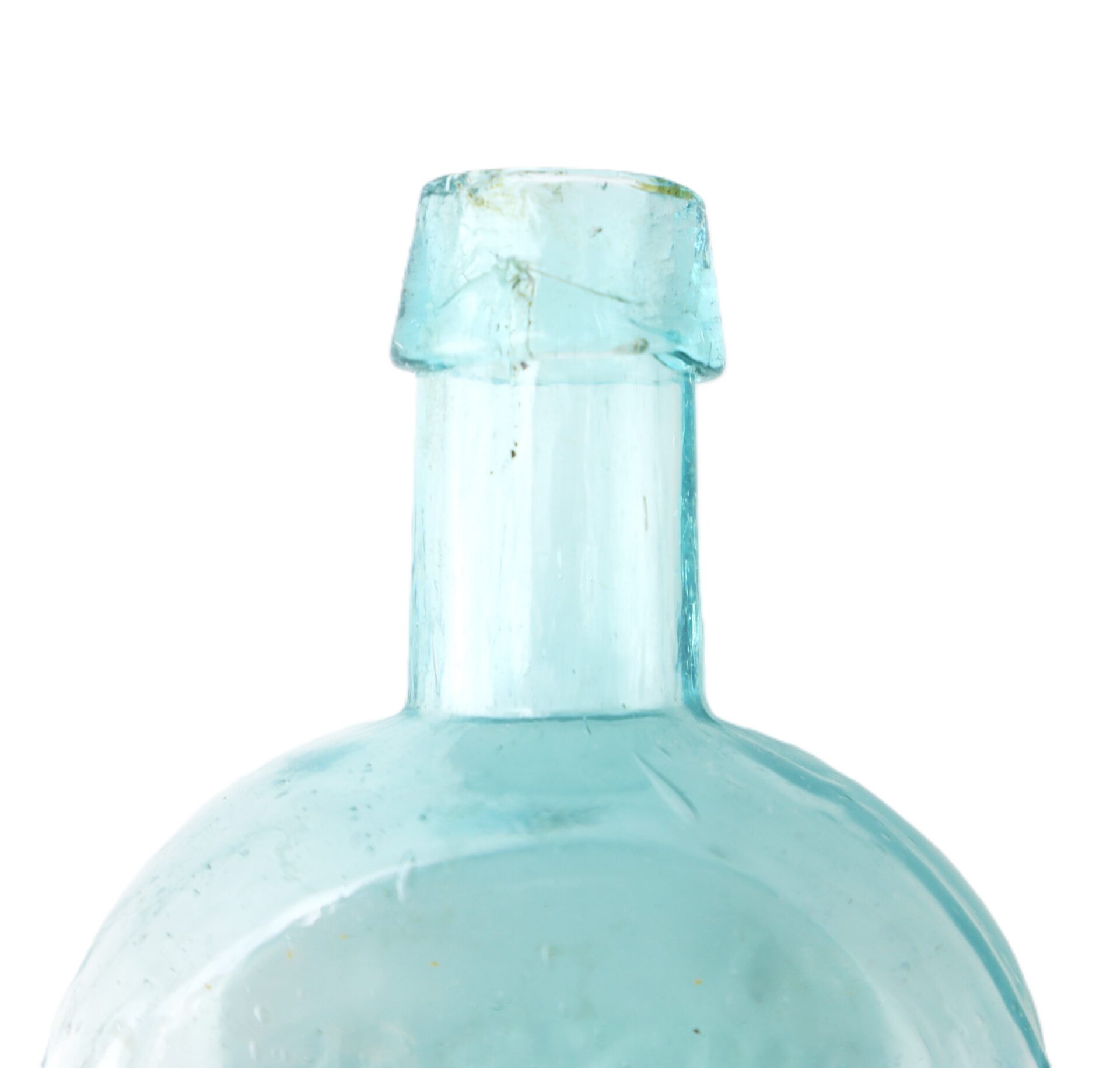 Close-up of the neck and shoulder of a light blue glass bottle with a chipped rim, shown against a white background.