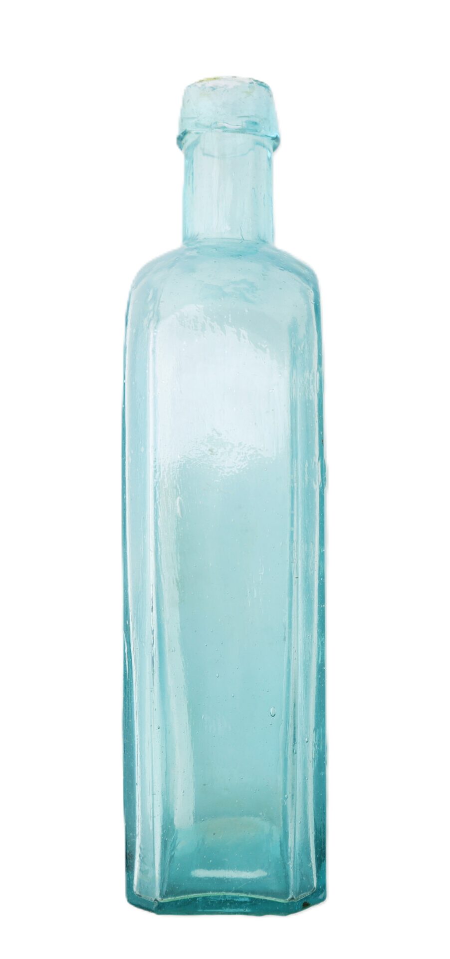 Clear blue-tinted vintage glass bottle with a rectangular body and short neck, standing upright against a white background.