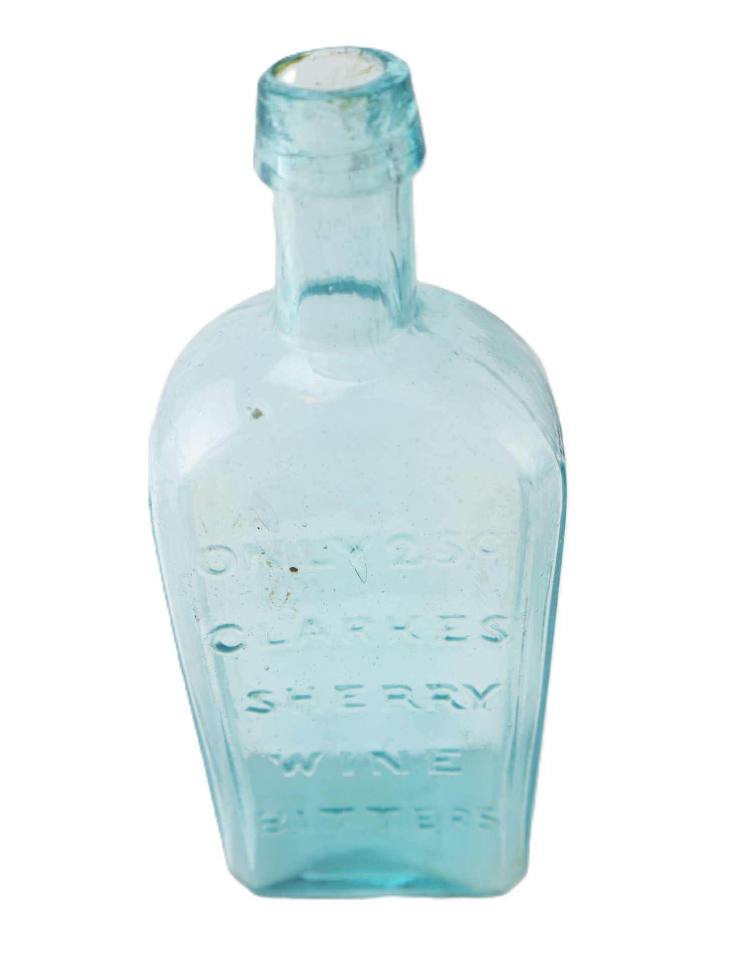 Clear glass bottle with embossed text reading "CLARKE'S SHERRY WINE BITTERS," featuring a narrow neck and rectangular body, shown on a white background.