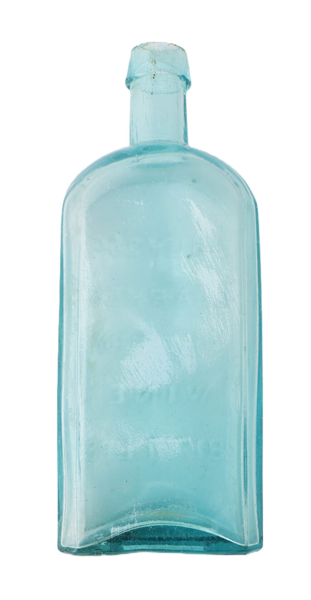 A clear blue-green rectangular glass bottle with a short neck and flat sides, shown against a white background.
