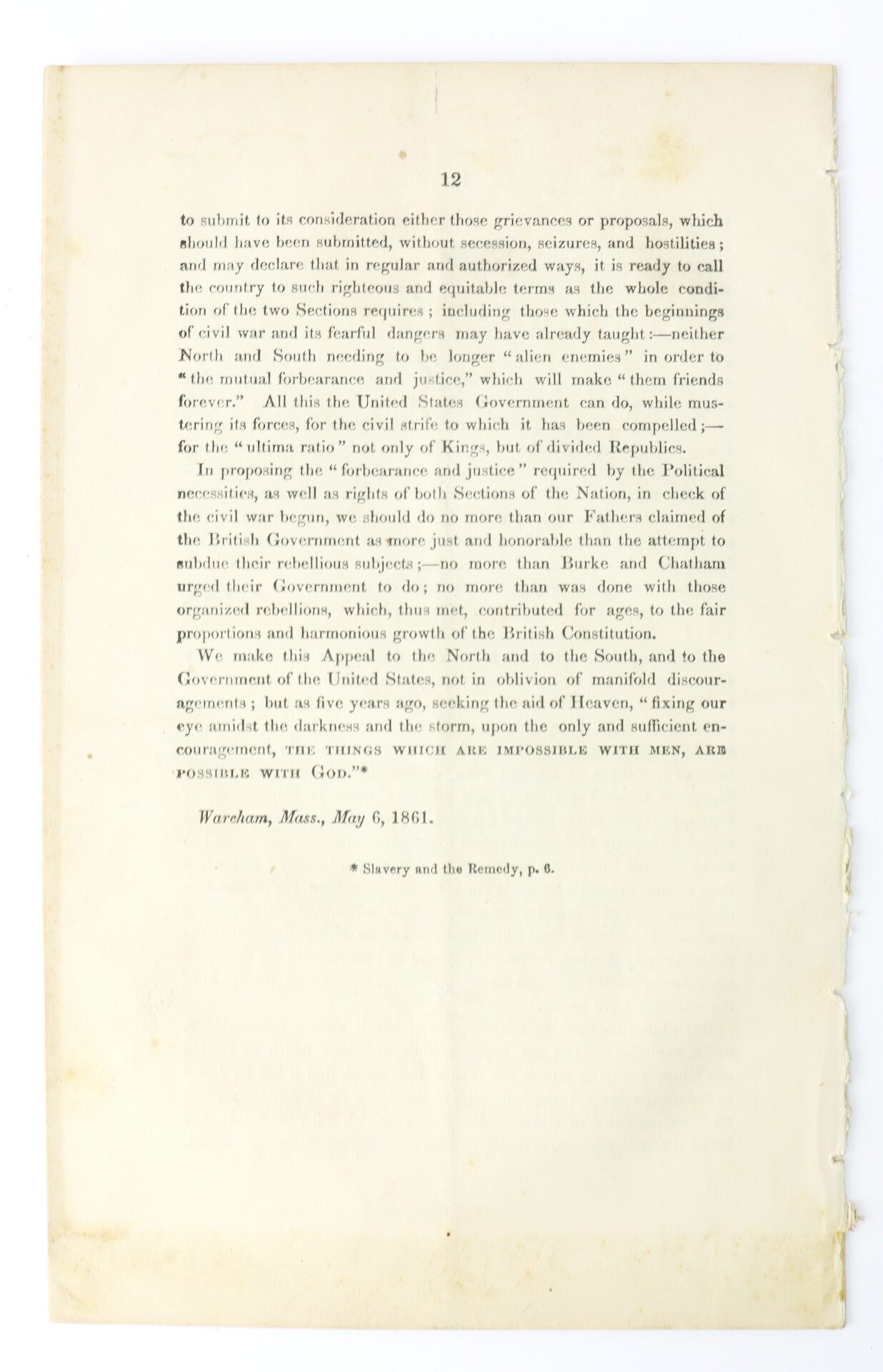 A typed historical document page dated May 6, 1861, discusses government, the U.S. Constitution, slavery, and national unity, with "* Slavery and the Remedy, p. 6." noted at the bottom.