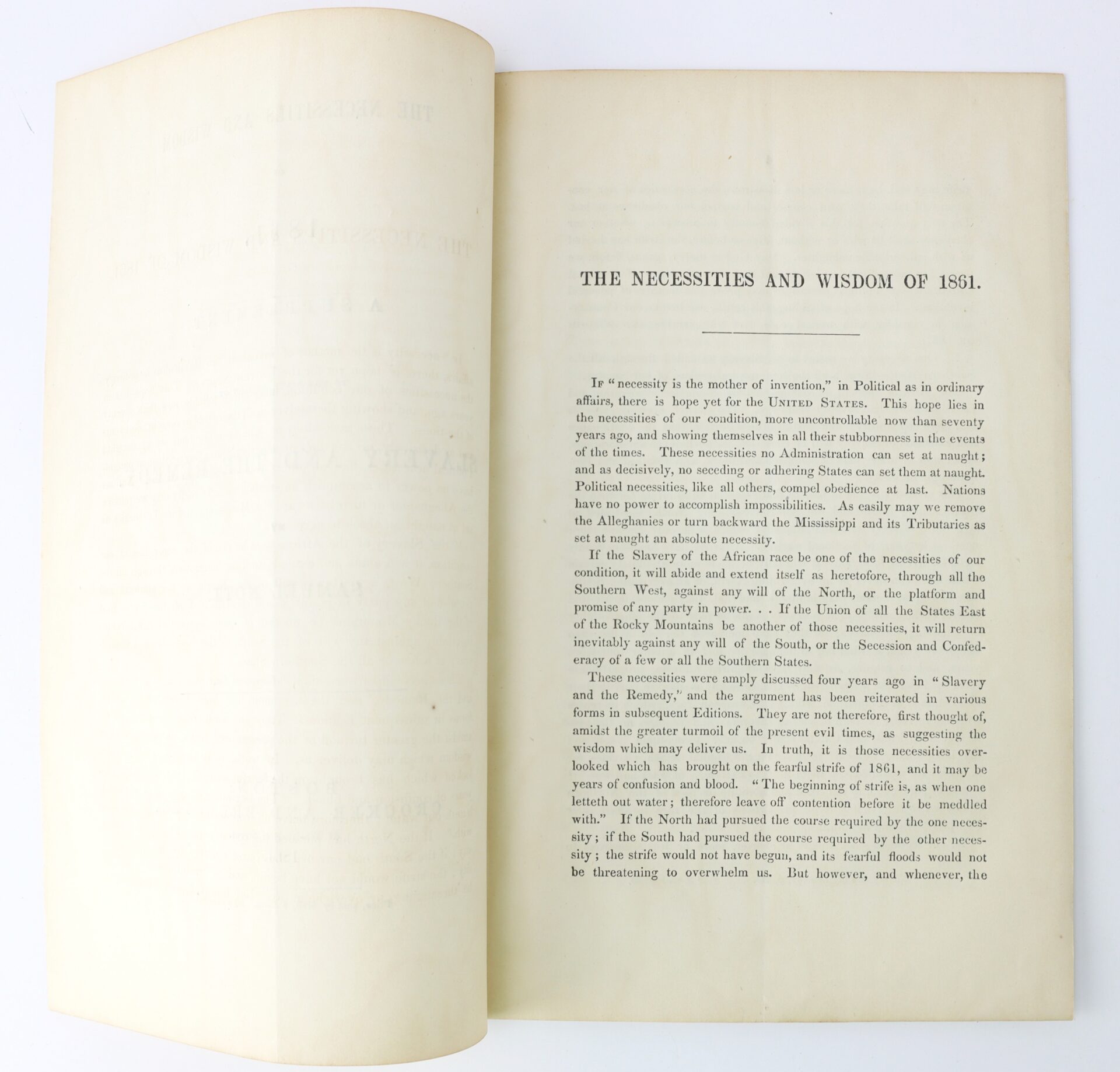 An open book showing a chapter titled “The Necessities and Wisdom of 1851,” with text discussing invention, slavery, and political issues in 19th-century America.