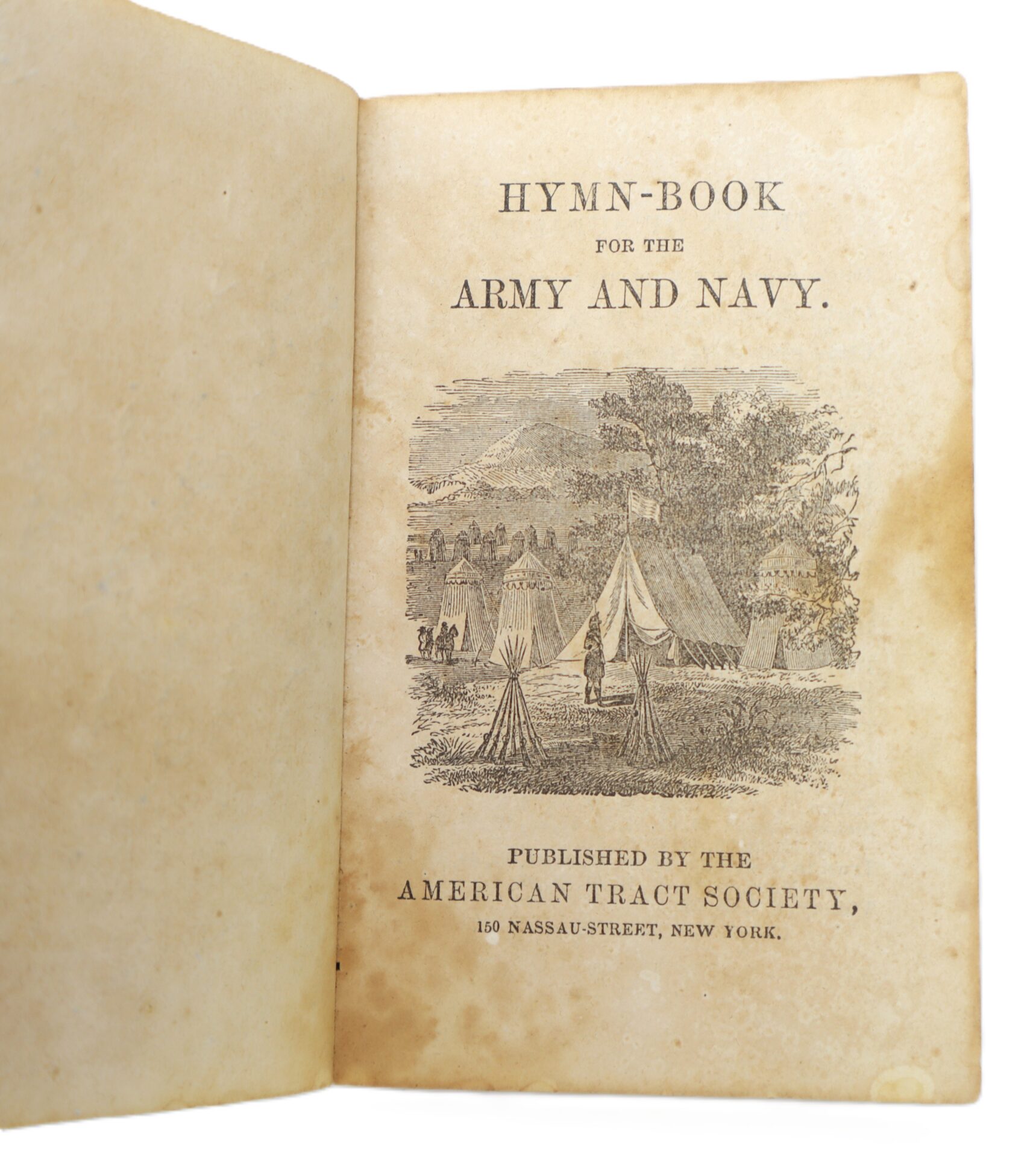 Title page of "Hymn-Book for the Army and Navy" with an illustration of a military camp, published by the American Tract Society, New York.