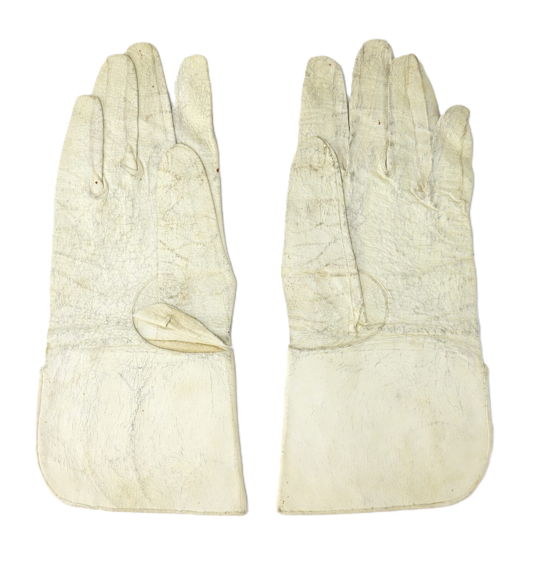 A pair of vintage, white leather gloves laid flat side by side on a white background.
