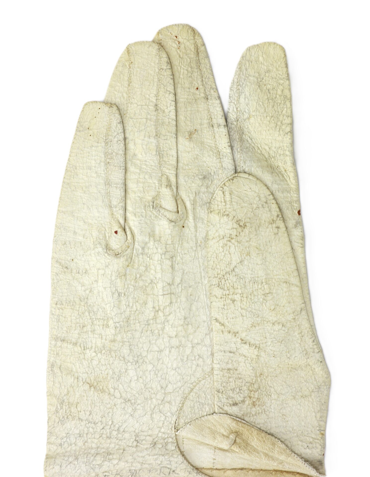 A pair of worn, white leather gloves with visible creases and slight discoloration, laid flat on a white background.