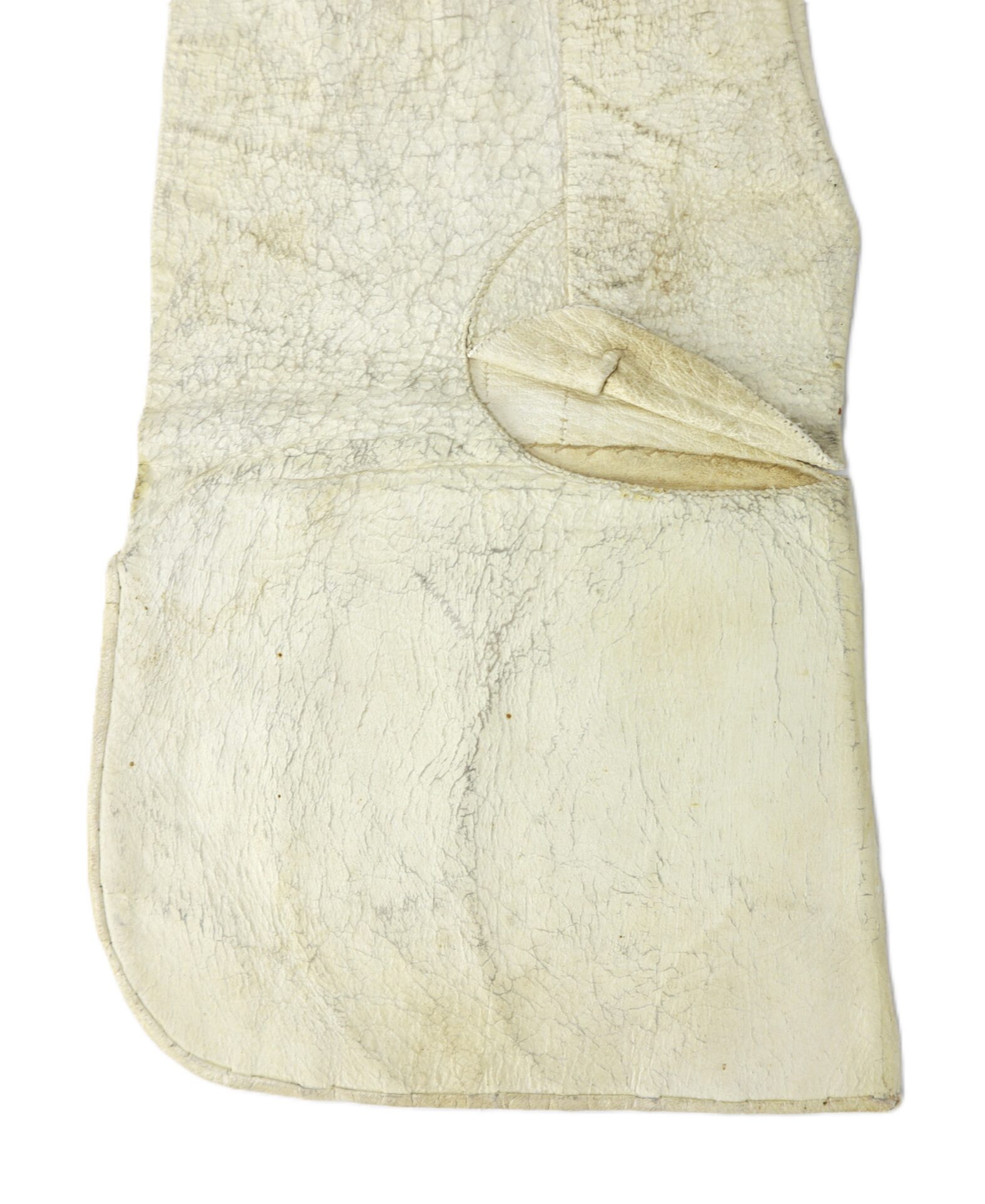 An off-white, textured, rectangular pouch with a flap partially lifted, showing the opening of the pocket.