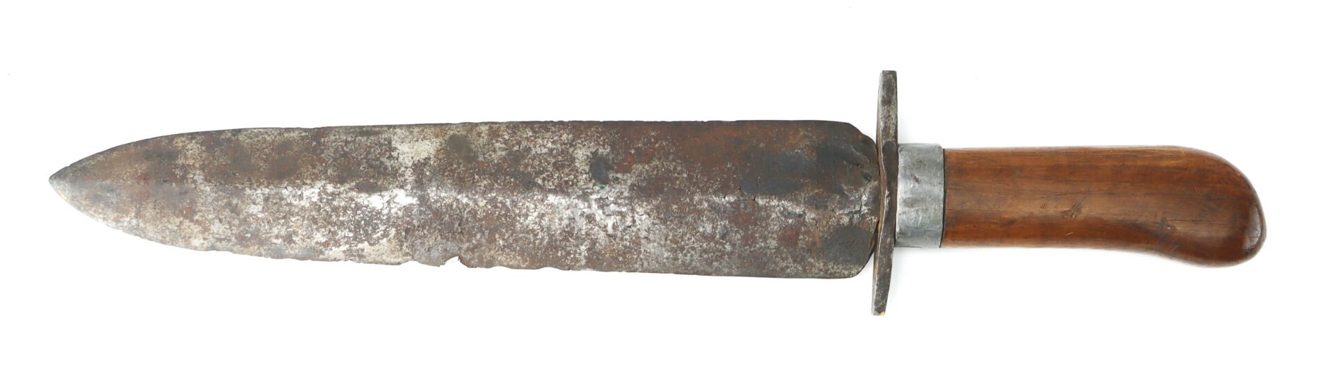 A large, rusted knife with a straight wooden handle and a wide, pointed blade, shown against a white background.