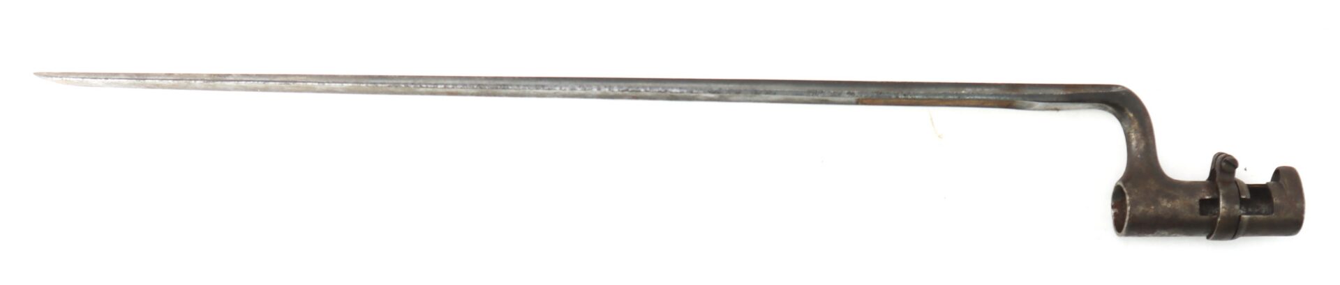 A metal socket bayonet with a long, narrow blade and a cylindrical attachment end, displayed against a white background.