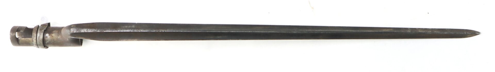 A metal spike bayonet with a socket fitting on one end, designed to attach to the barrel of a rifle.