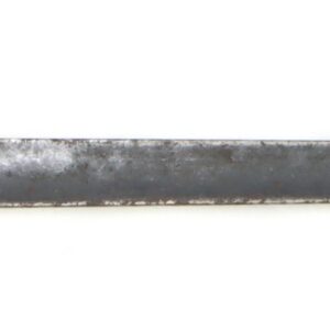 Metal socket bayonet with a cylindrical mounting sleeve, angled neck, and straight blade, featuring a worn label on the upper part of the blade.
