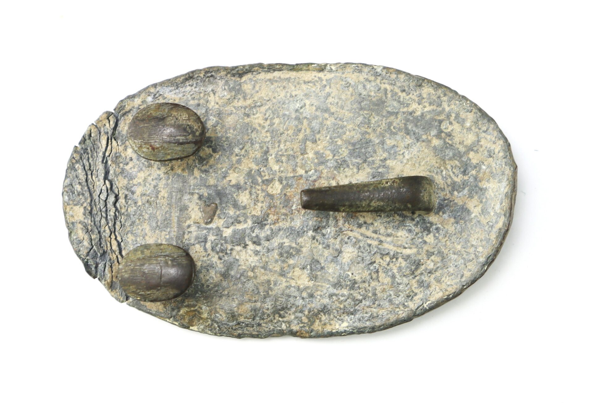 A weathered, oval-shaped stone with two smaller rounded stones and one elongated stone placed on top, arranged on a white background.