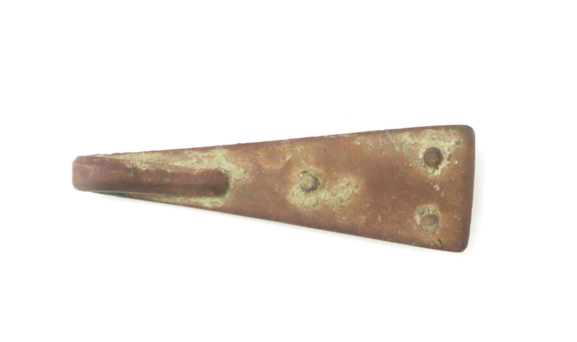 Rusty, wedge-shaped metal object with three visible holes and corroded patches, viewed against a white background.