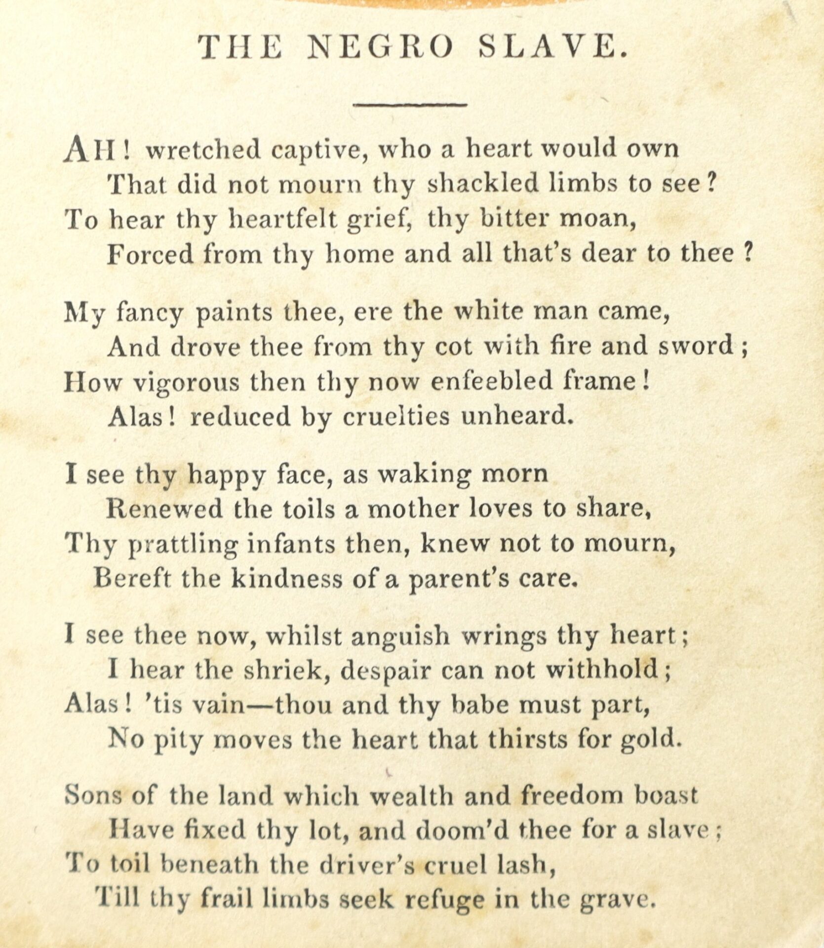 A poem titled "The Negro Slave" describes the suffering and emotional anguish of an enslaved person, reflecting on loss, despair, and the absence of parental care.