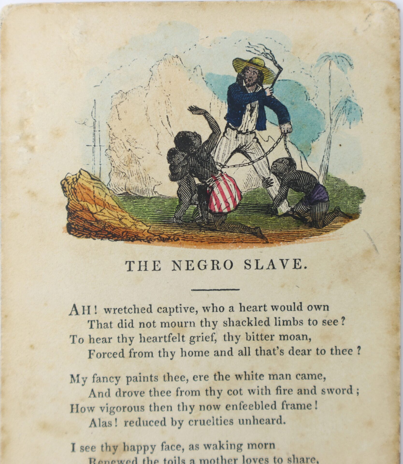 Illustration of a white man standing over three Black enslaved individuals, one of whom is being restrained, with the title "THE NEGRO SLAVE" and a poem printed below.