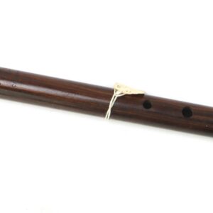 A wooden flute with metal caps on both ends, featuring seven finger holes and one thumb hole, set against a white background.