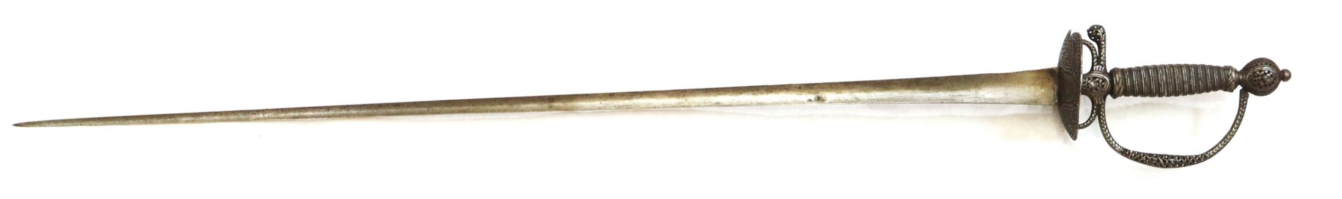 A long, narrow-bladed rapier with a wire-wrapped handle and ornate guard, displayed on a plain white background.