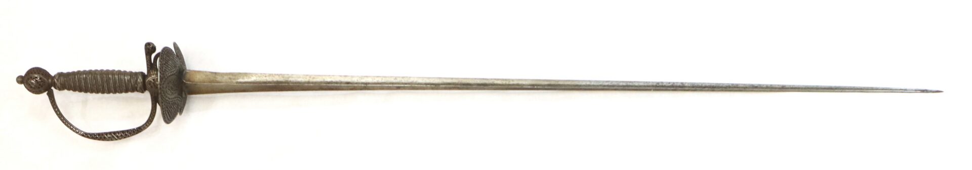 A steel rapier with an ornate hilt and a long, narrow blade, shown on a plain white background.