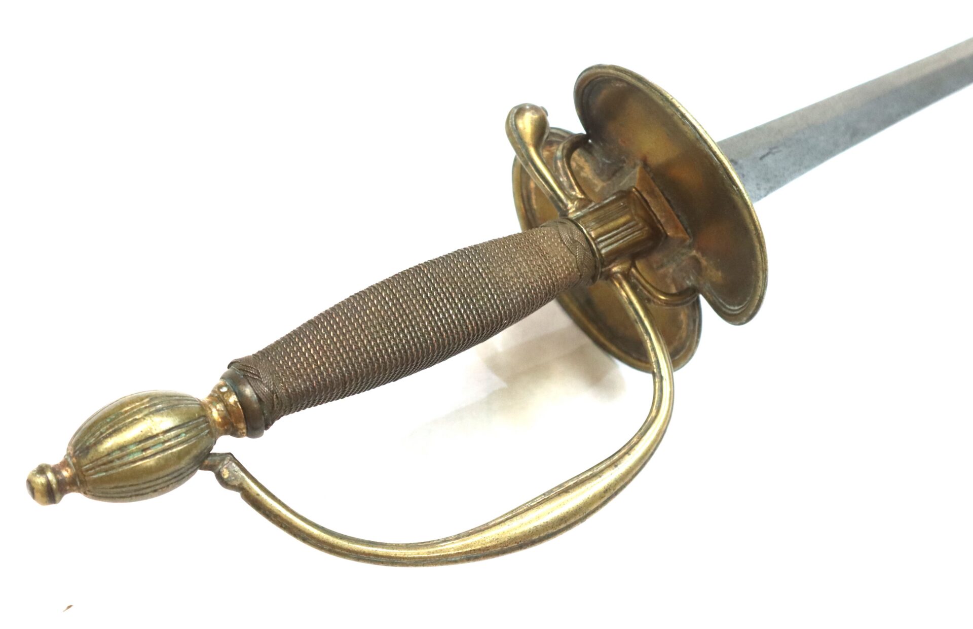 A close-up view of a rapier sword with a brass hilt and wire-wrapped grip, set against a white background.
