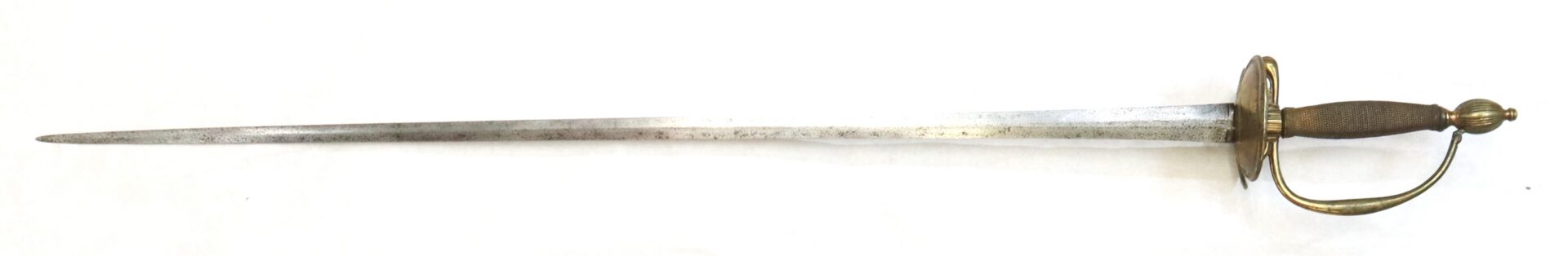 A long, slender sword with a straight blade, brass hilt, knuckle guard, and textured grip shown on a white background.