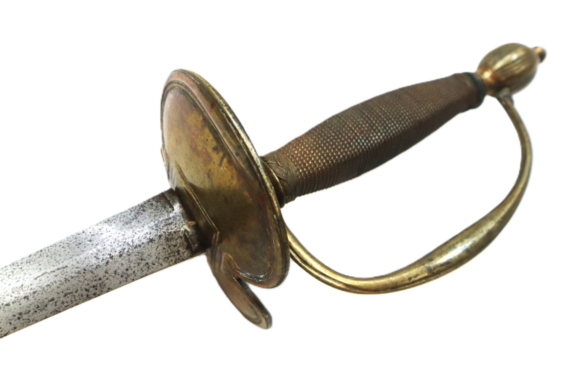 A close-up of an antique sword with a brass hilt, wire-wrapped grip, and a slightly tarnished blade against a white background.