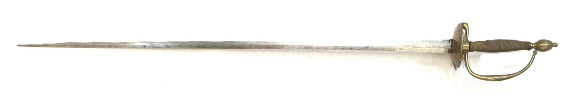A slender, antique sword with a narrow, slightly tarnished blade, ornate brass hilt, and a wire-wrapped grip, shown against a white background.