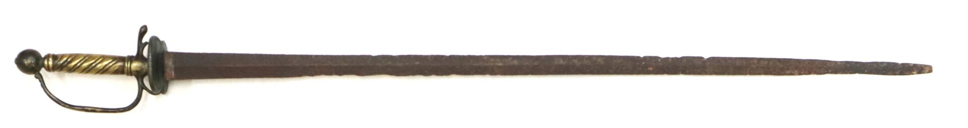 A rusty, antique sword with a brass wire-wrapped handle, a knuckle guard, and a straight, tapered blade, displayed on a white background.