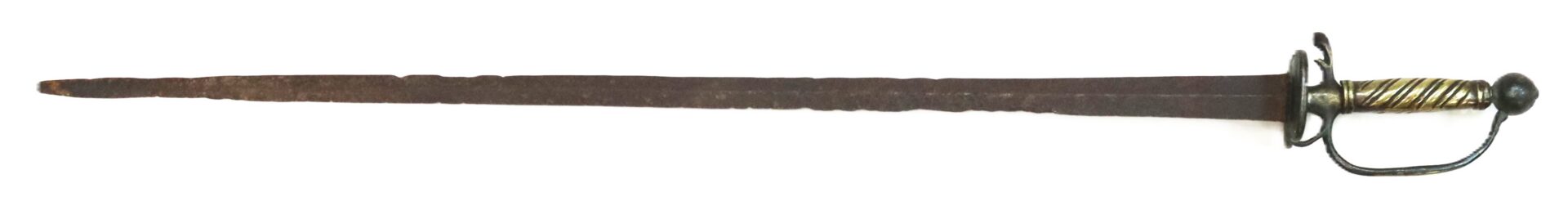 A rusty, antique sword with a long, narrow blade, a decorative brass-wrapped grip, and a simple metal guard against a white background.