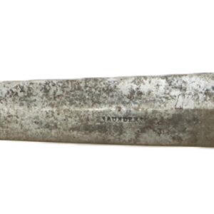 A vintage dagger with a worn, tarnished blade, a cross guard, and a ribbed ivory-colored handle.