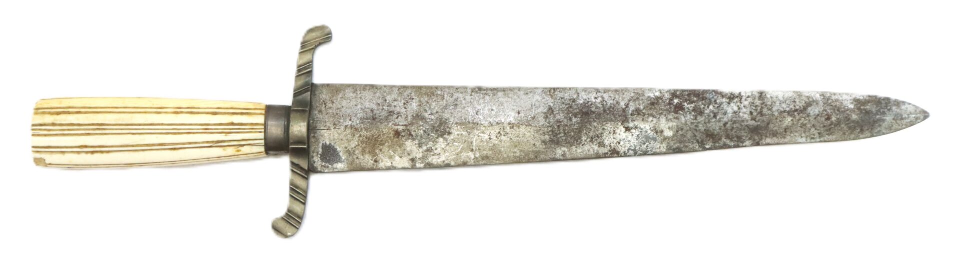 A vintage dagger with a straight, double-edged blade, a simple crossguard, and an ivory-colored handle featuring dark lengthwise grooves.