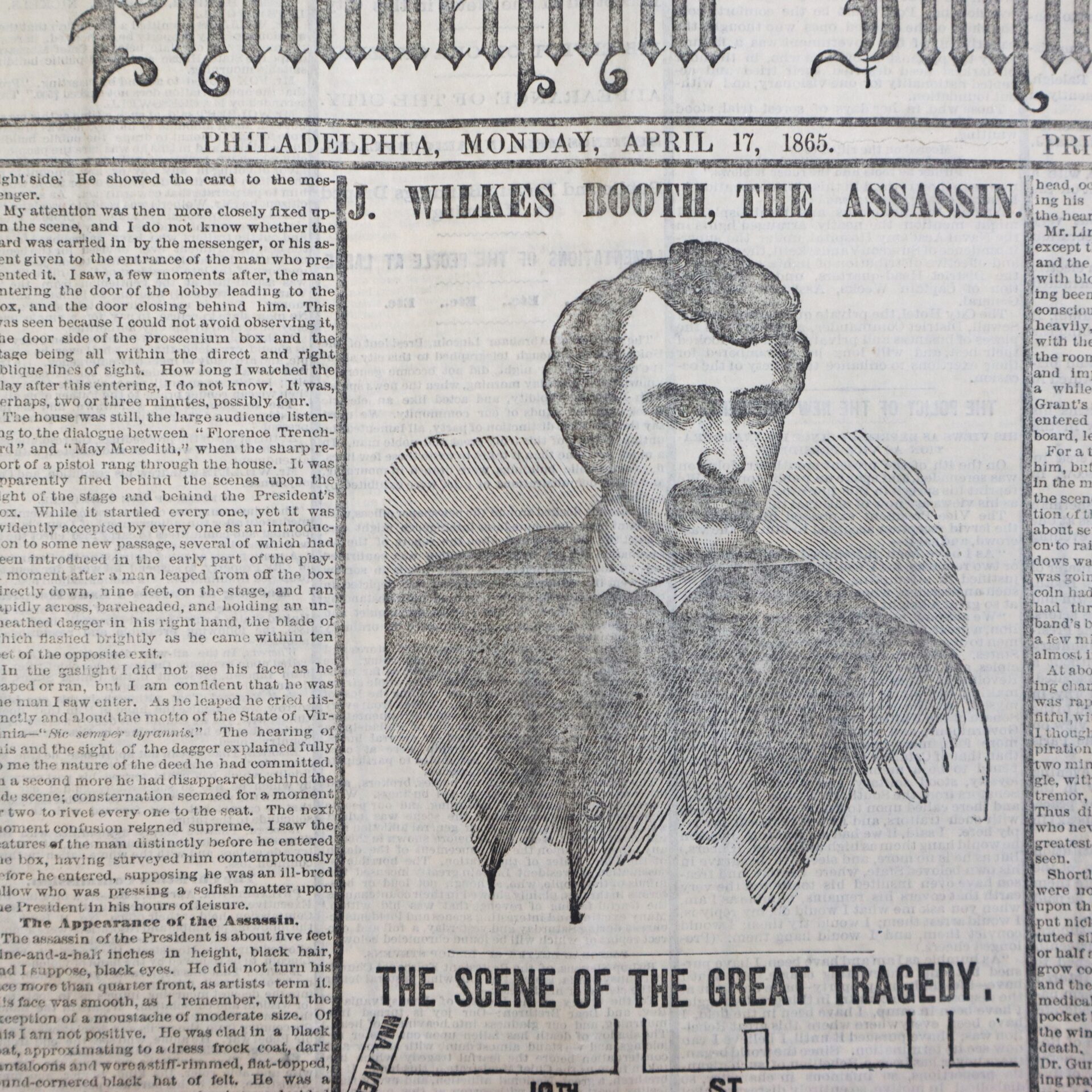 A black and white newspaper page from April 17, 1865, features a sketch of John Wilkes Booth with the headline "J. Wilkes Booth, The Assassin" and an article about him.