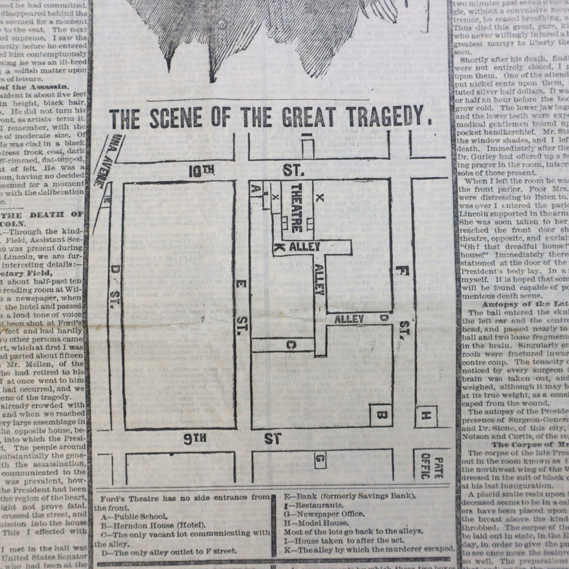 Black-and-white newspaper map showing the layout of streets and locations near Ford’s Theatre, highlighting the scene of a historical event labeled as “The Great Tragedy.”.