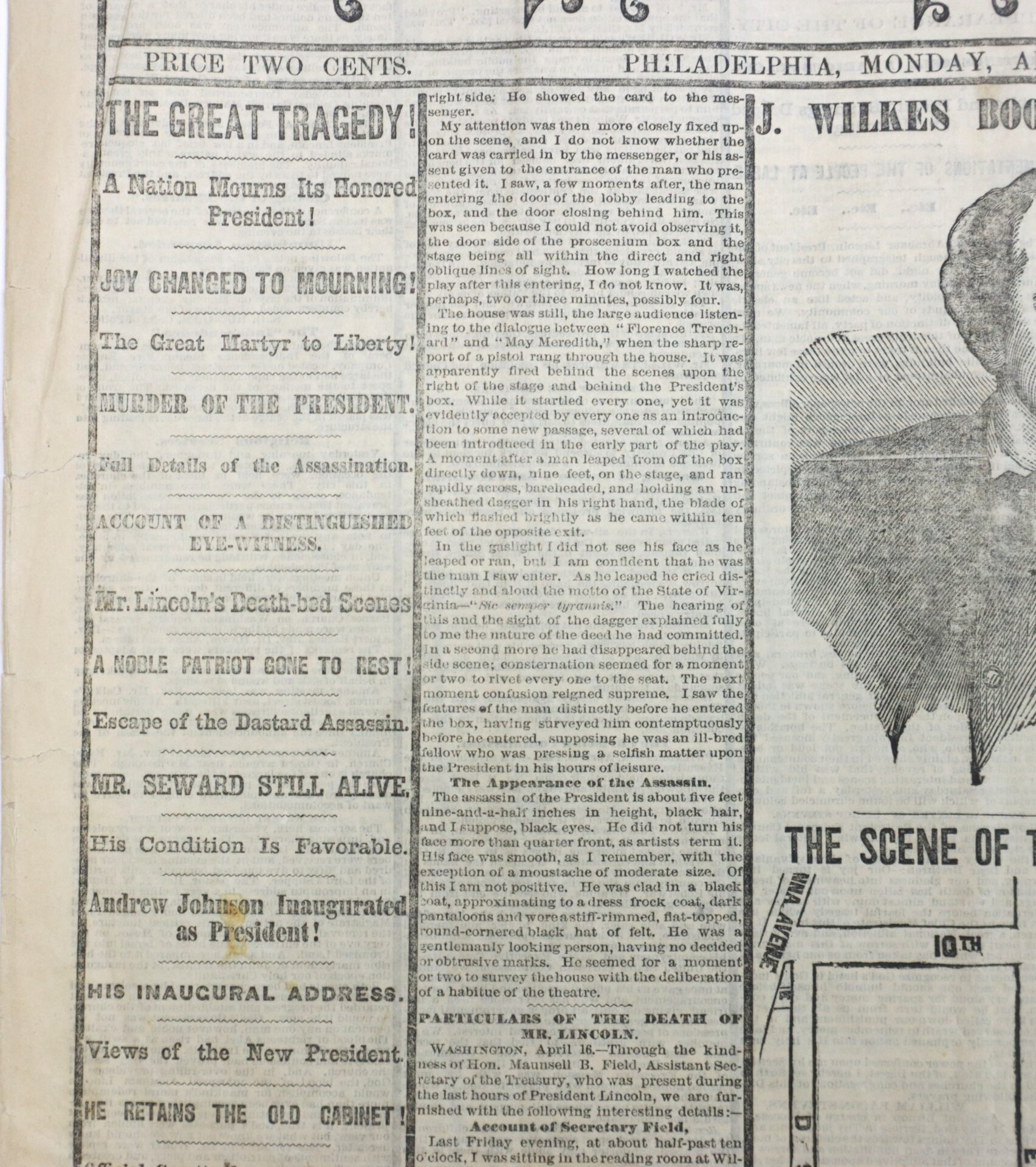Front page of an old newspaper with headlines reporting President Lincoln's assassination, Andrew Johnson's inauguration, and updates on Secretary Seward's condition.