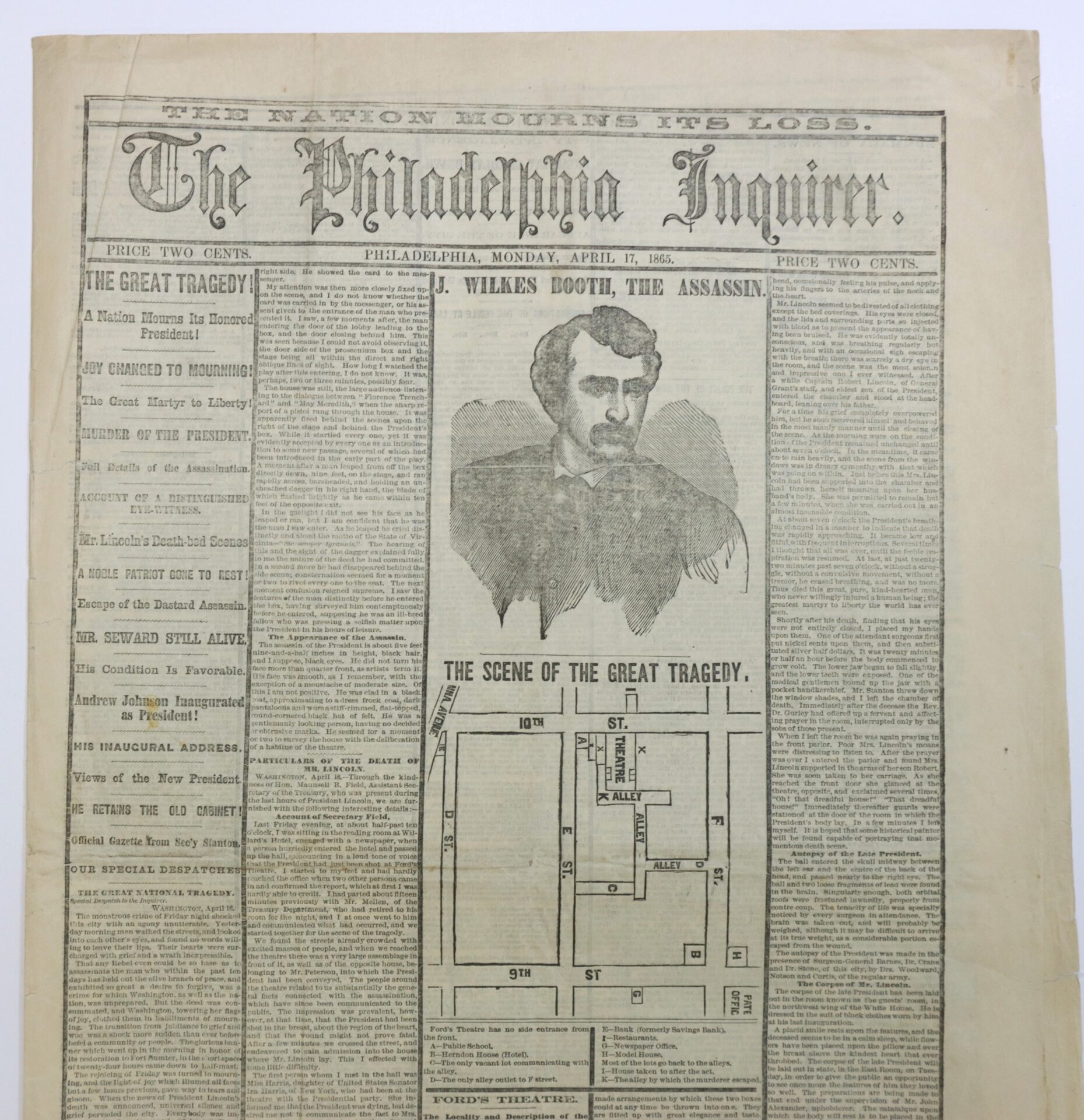 Front page of The Philadelphia Inquirer from April 17, 1865, featuring J. Wilkes Booth, labeled "The Assassin," and a diagram titled "The Scene of the Great Tragedy.