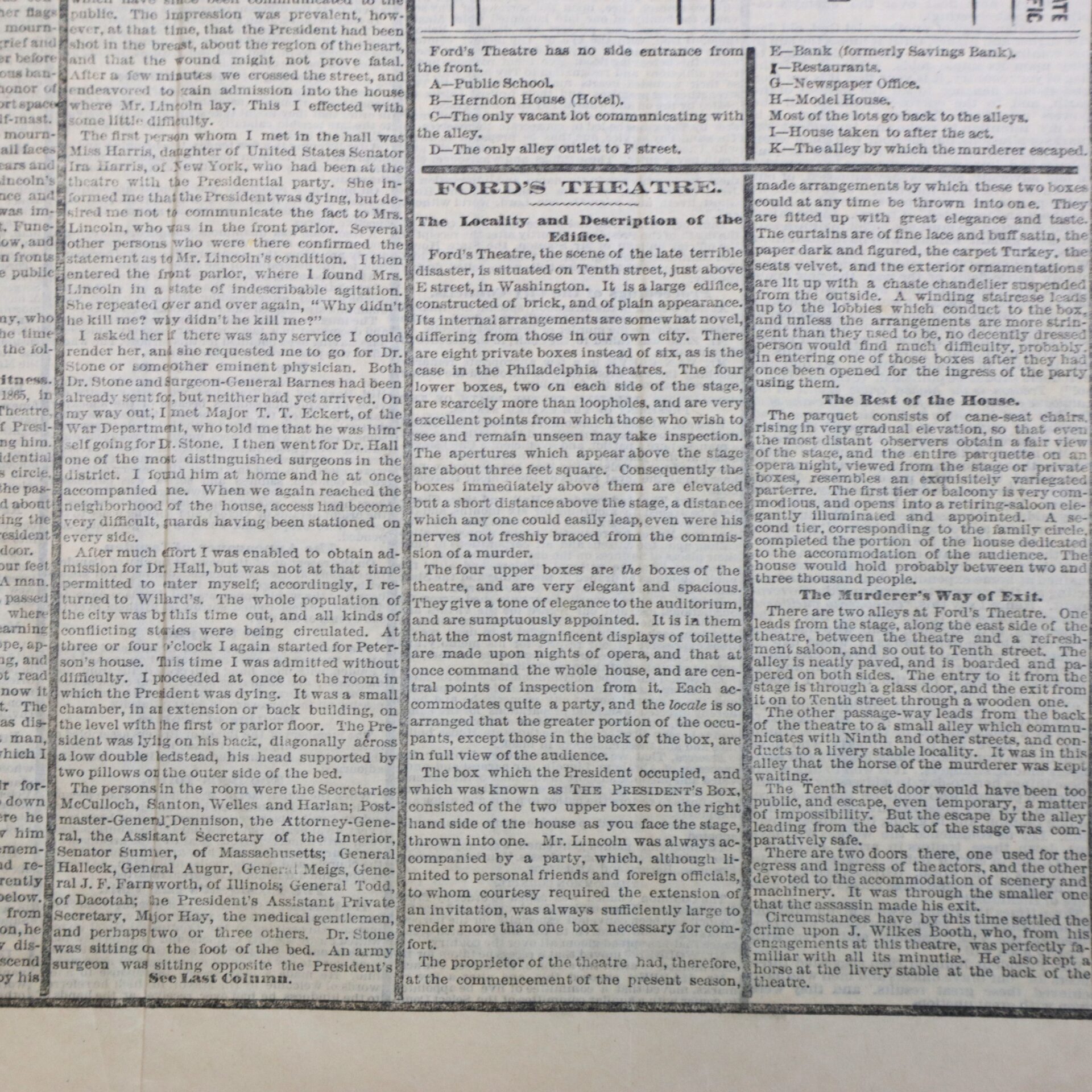 A newspaper column with text describing Ford's Theatre, including its location, seating, exits, and ticket information in a matter-of-fact tone.