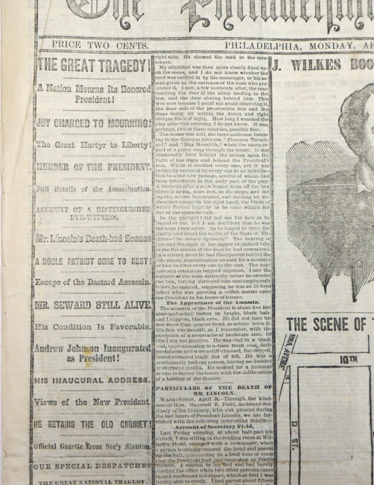 Front page of an old newspaper reporting the assassination of President Abraham Lincoln, with headlines and a partial illustration of John Wilkes Booth.