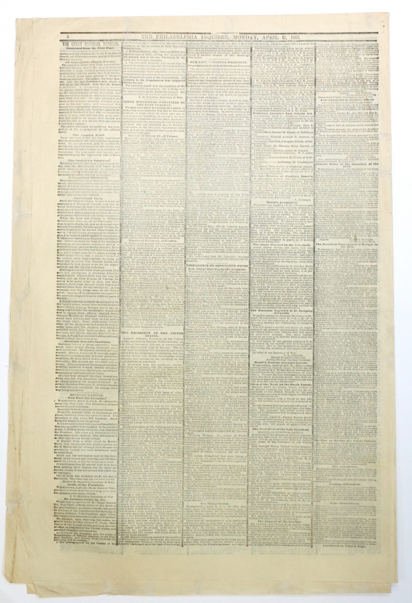 A large, old newspaper page with five densely packed columns of small printed text on yellowed paper; no visible images or headlines stand out.