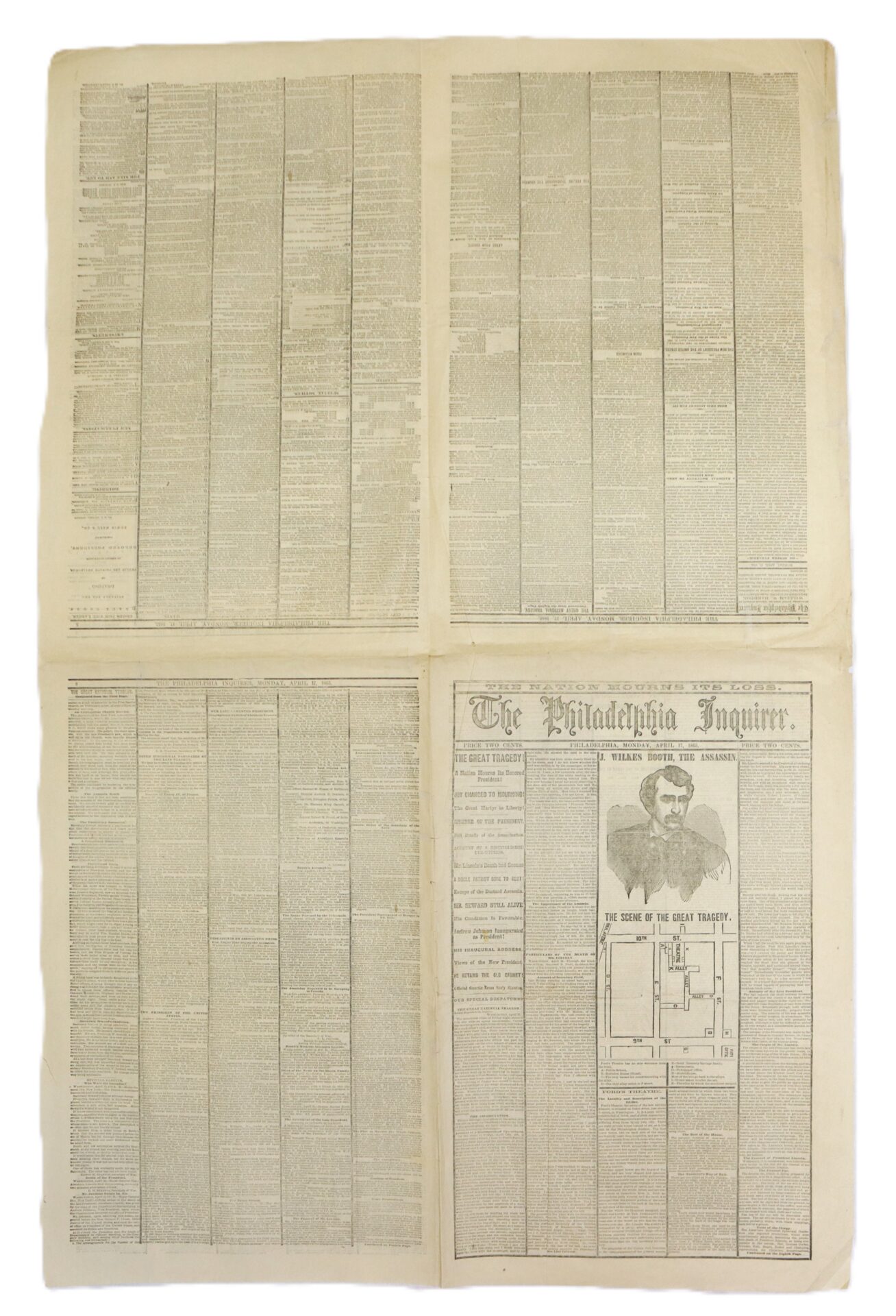 A vintage newspaper, The Philadelphia Inquirer, with dense columns of text and an illustration of a man beside a building floor plan on the lower right page.