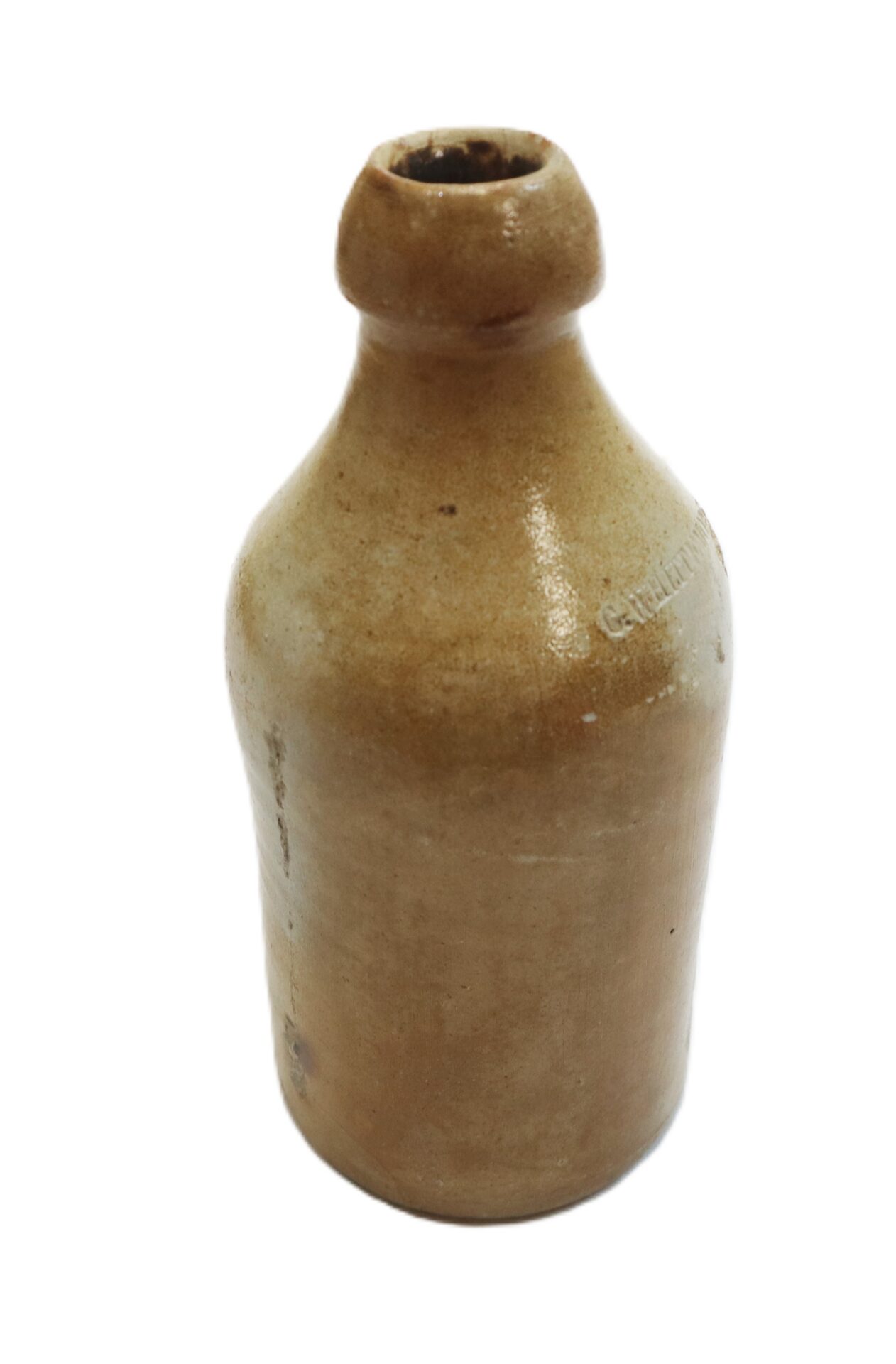 A small, brown, glazed ceramic bottle with a narrow mouth and rounded shoulders, standing upright against a white background.