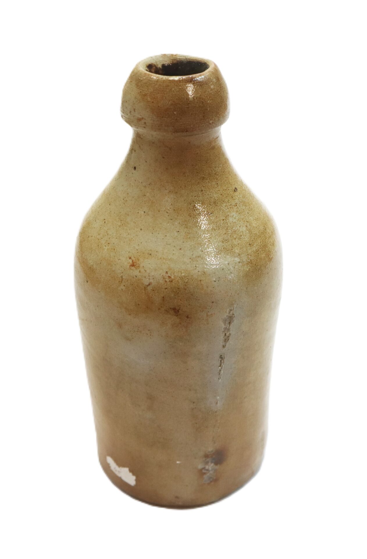 A small, brown, glazed ceramic bottle with a narrow neck and rounded shoulders, showing some patches of wear.