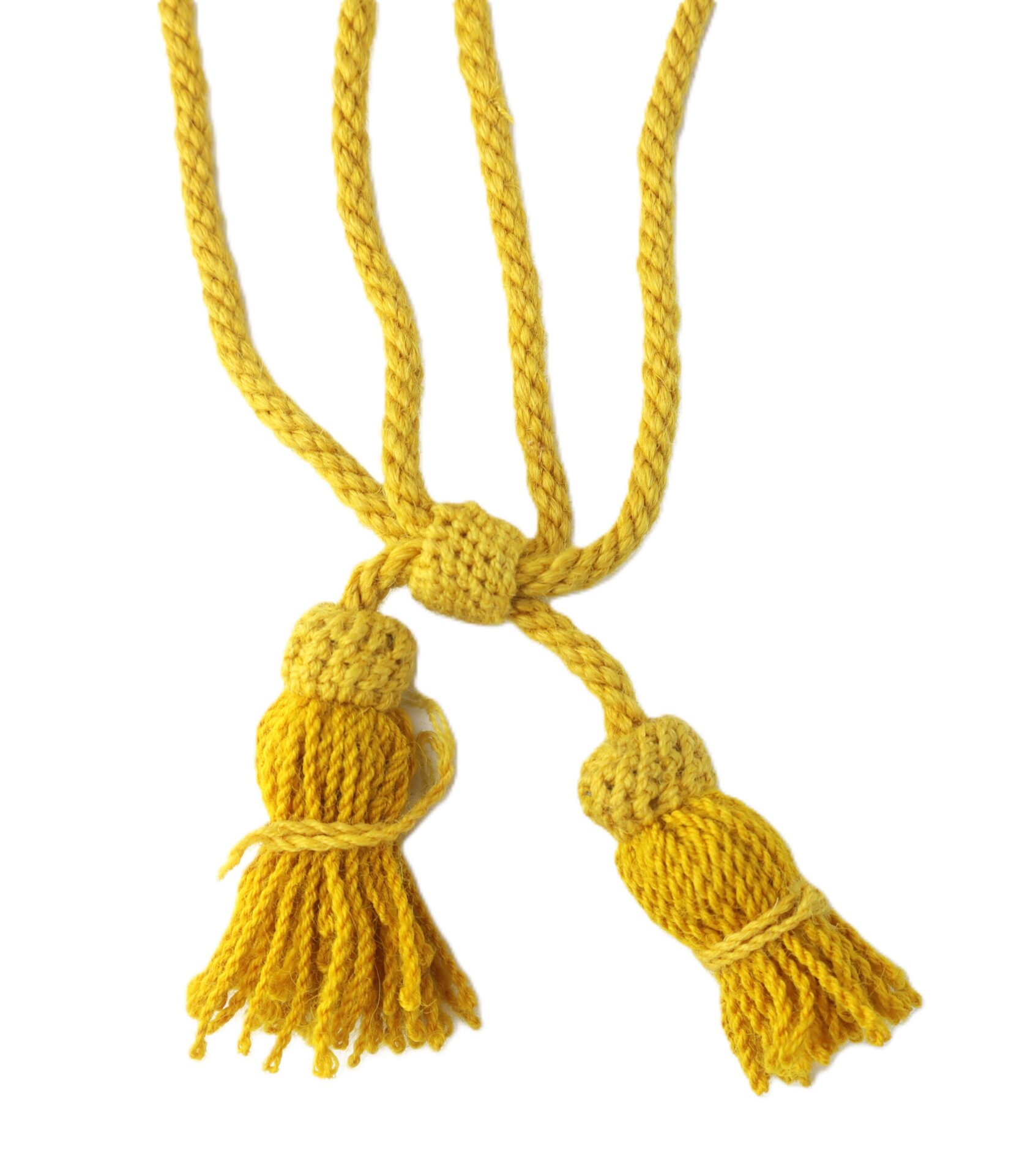 A yellow braided cord with two tassels at each end, displayed against a white background.