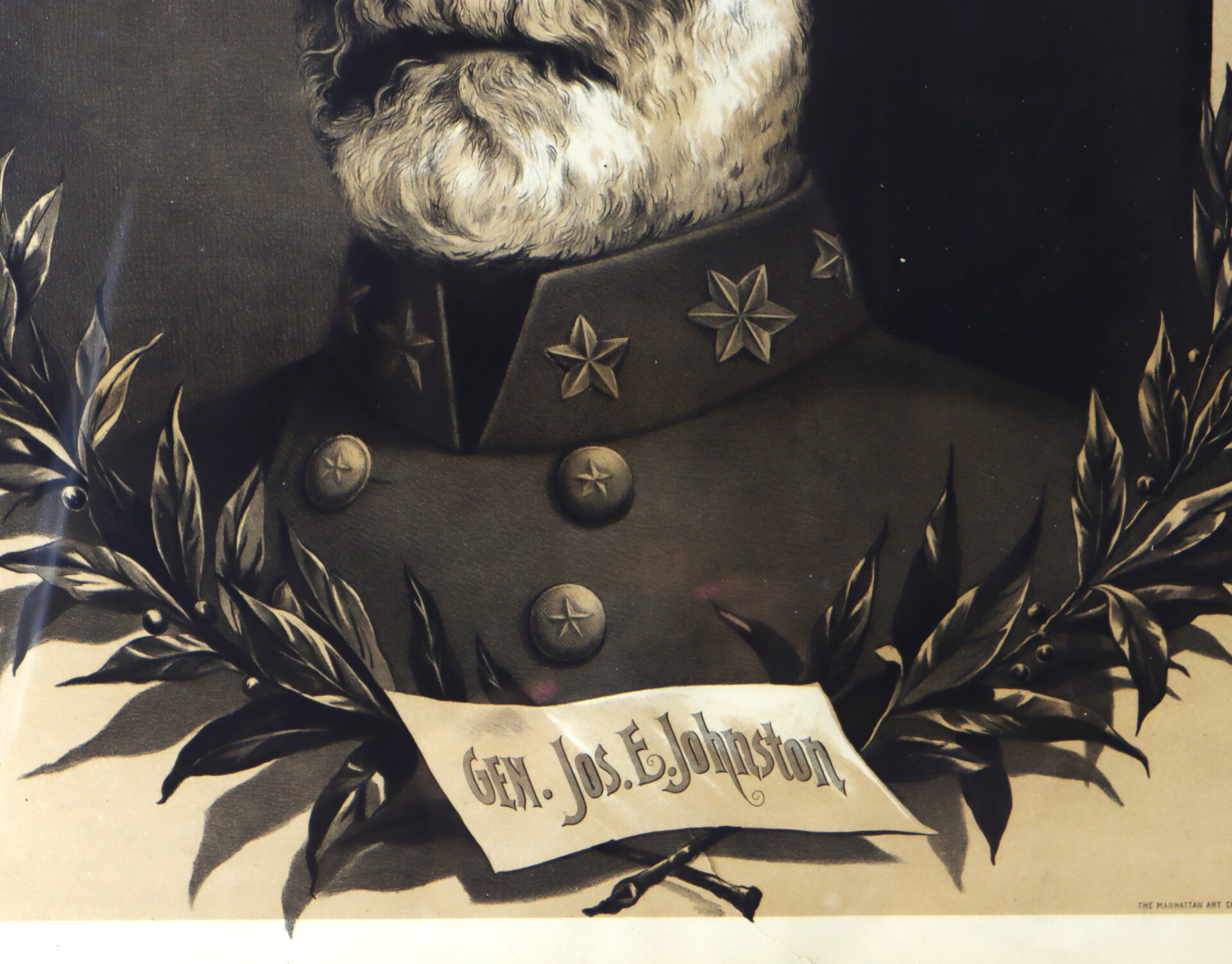 Black and white illustration of a bearded man's uniformed chest with three stars on the collar and a nameplate reading "Gen. Jos. E. Johnston" below.