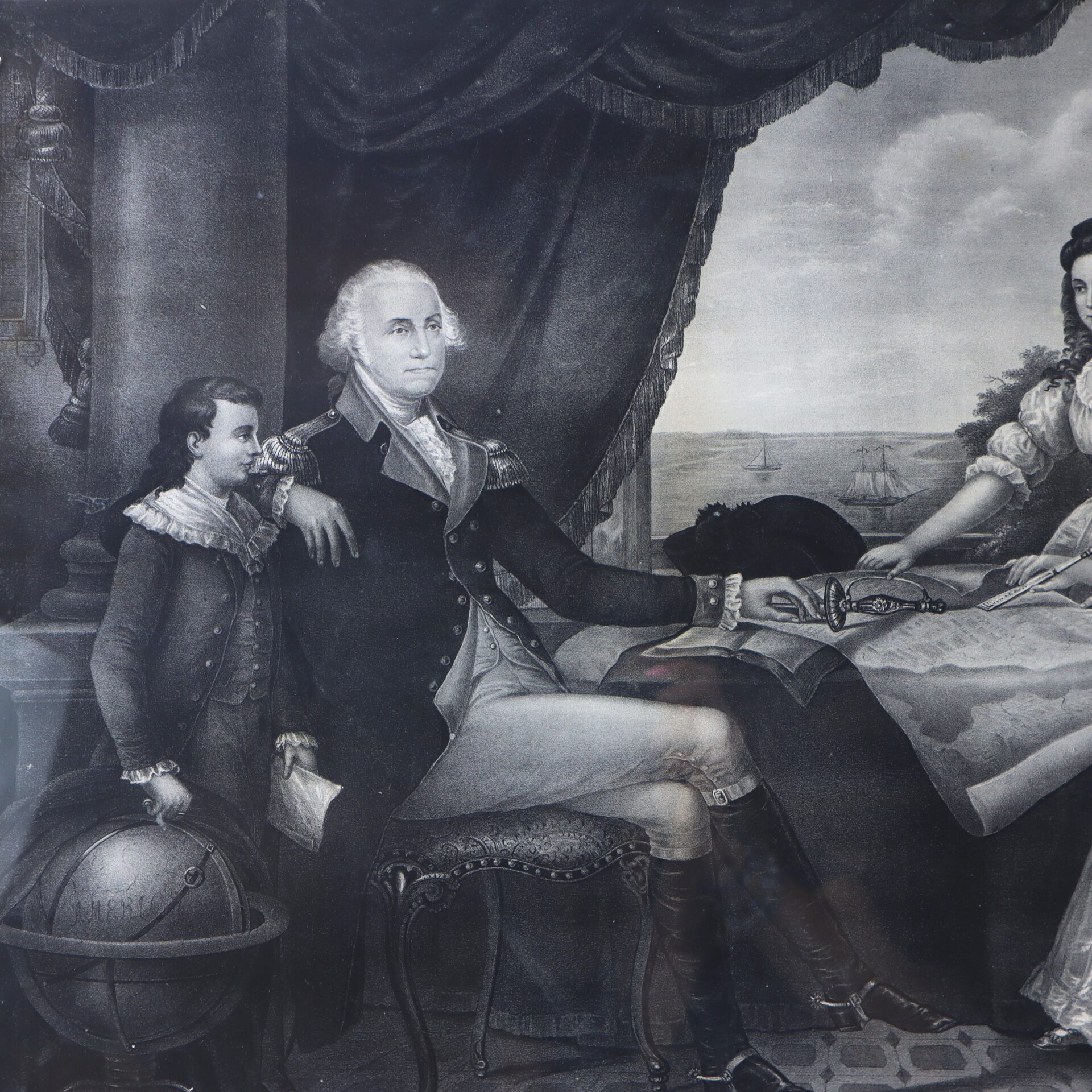 A seated man in historical military attire rests his hand on a table with documents, beside a boy holding a globe and a woman holding papers; ships are visible through a window.