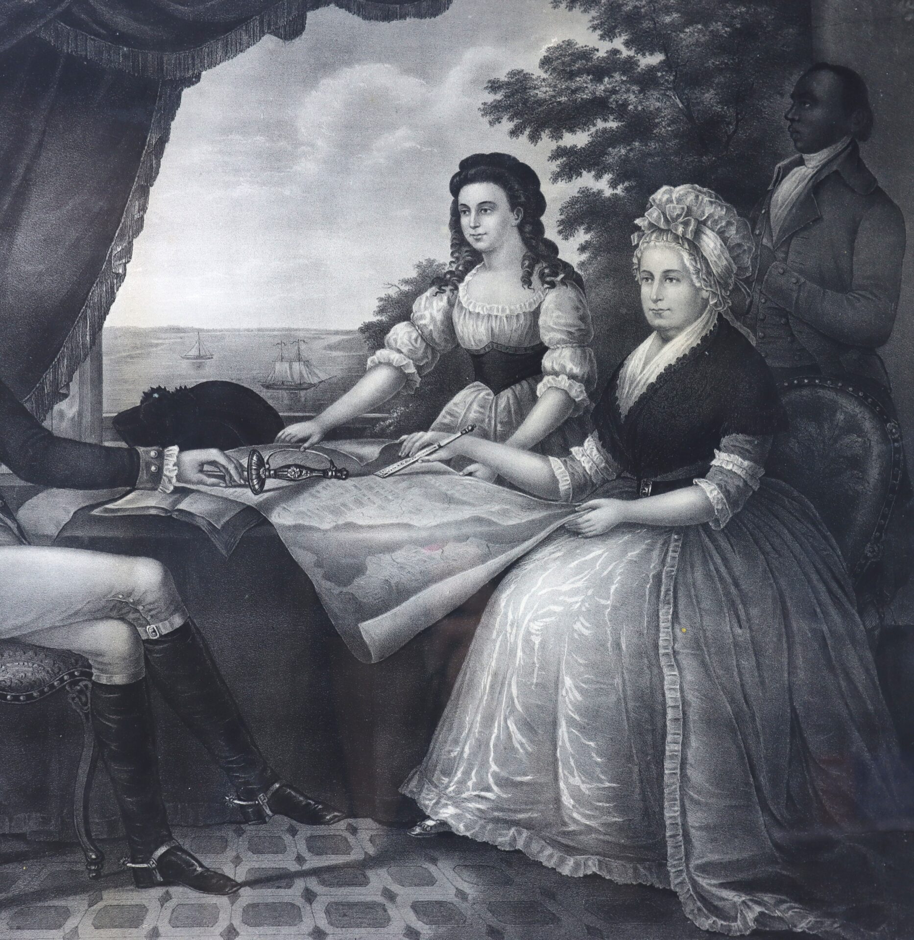 Three people, two women and one man, sit and stand around a large table holding a flag, while another man sits across from them; ships are visible through a window in the background.