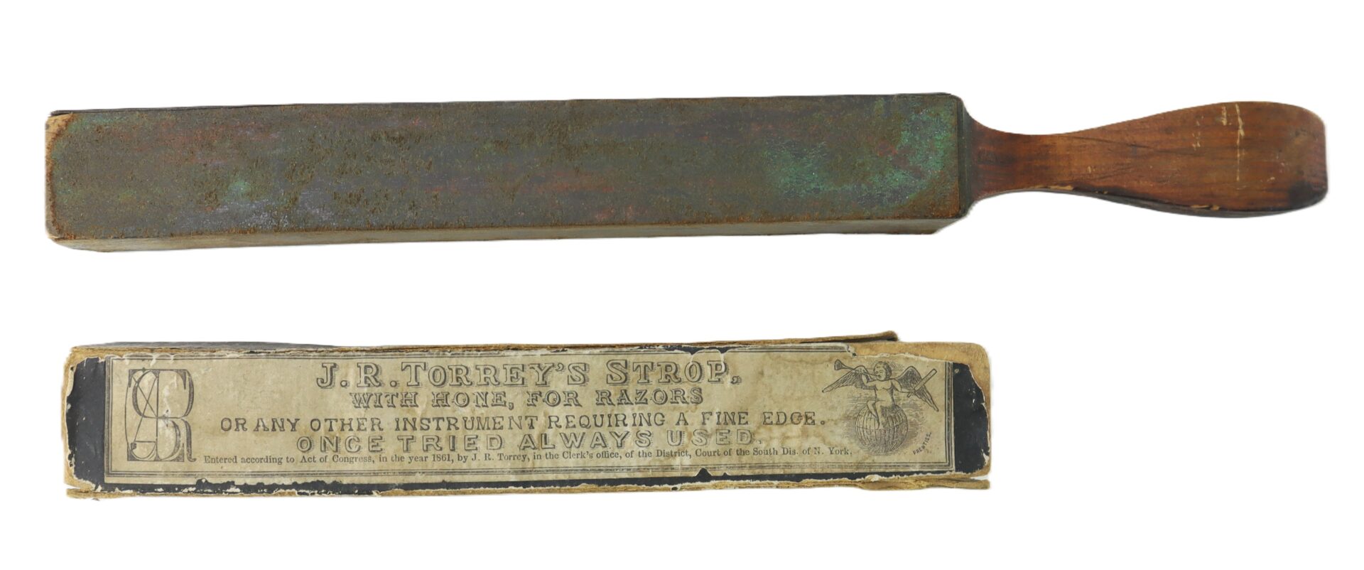 A vintage J.R. Torrey’s Patent Razor Strop, 1861 dated, with a wooden handle, is shown above its original paper packaging for honing razors or fine-edged tools.