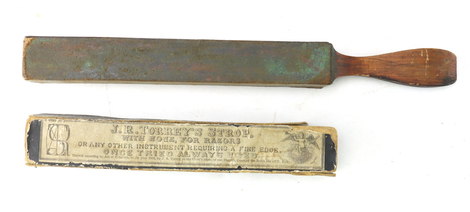 The J.R. Torrey’s Patent Razor Strop, dated 1861, with a wooden handle is displayed above its original box labeled "J.R. Torrey's Strop, with hone, for razors or any instrument requiring a fine edge.