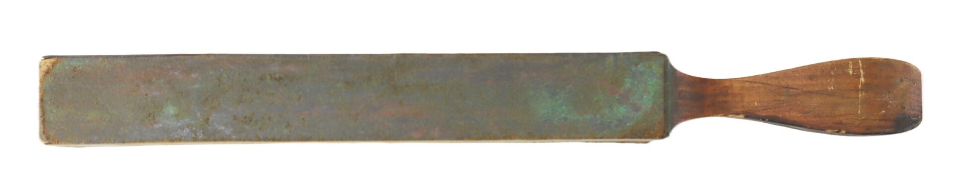 The J.R. Torrey’s Patent Razor Strop, dated 1861, is a rectangular leather strop with a wooden handle, used for sharpening and honing straight razors or blades.