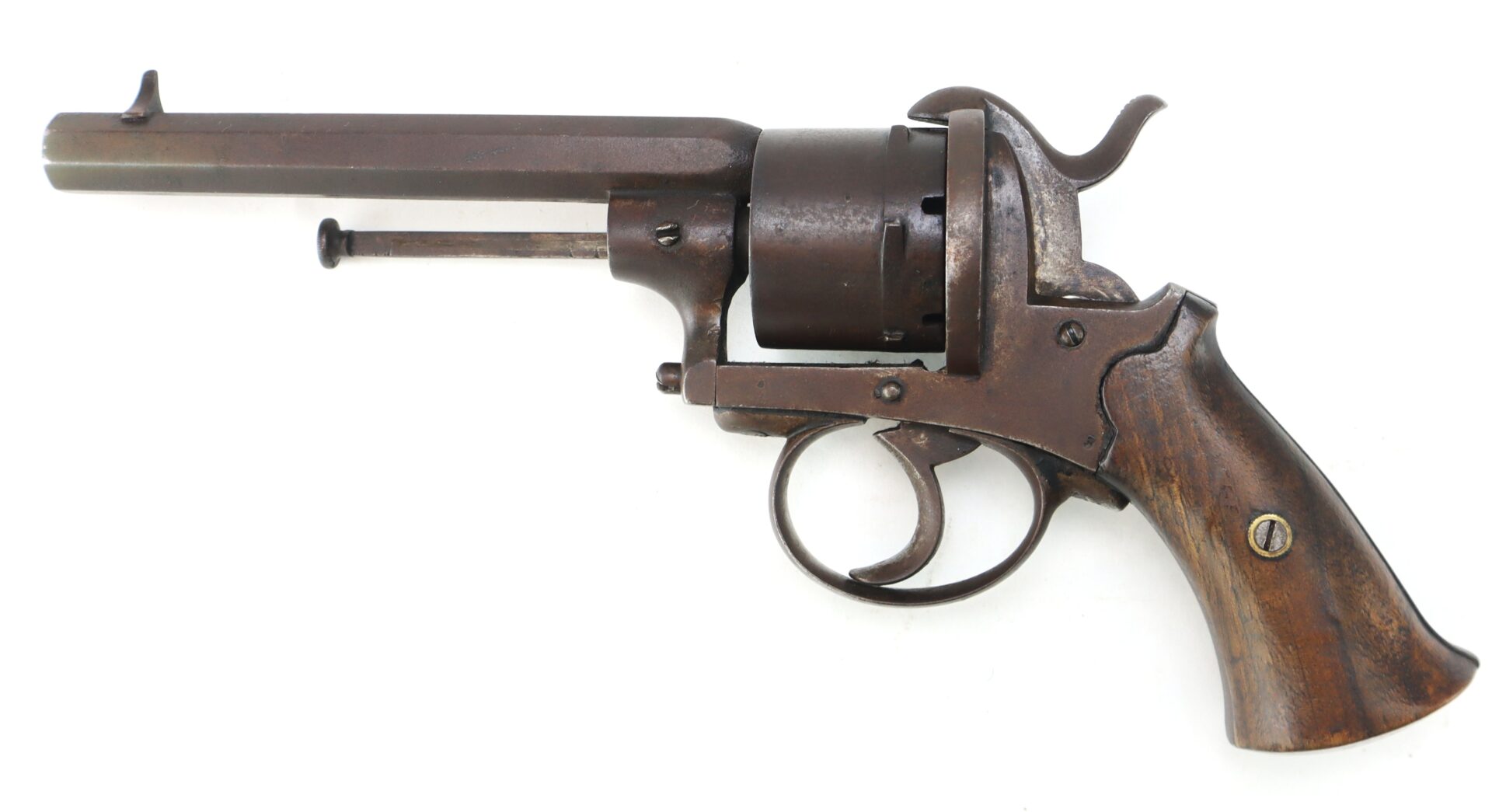 Antique revolver with a wooden grip, metal frame, and long barrel, shown in profile view on a white background.